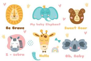 safari tierköpfe set tierbabykopf niedliche tiere ameisentext. Zebra, Bär, Koala, Löwe, Elefant, Giraffe. karikaturgesicht tier isoliert. handgezeichnete Vektorgrafik für Kinder. Gekritzel-Kinderzoo-Drucke. vektor