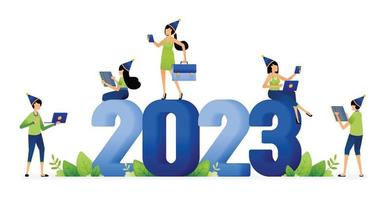 illustration av anställda och entreprenörer välkomnande ny möjligheter och mål på sväng av år 2022 till 2023. designad för hemsida, landning sida, flygblad, baner, appar, broschyr, börja media företag vektor
