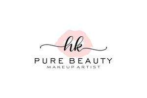 vorgefertigtes Logo-Design mit anfänglichen hk-Aquarelllippen, Logo für Make-up-Künstler-Business-Branding, errötendes Beauty-Boutique-Logo-Design, Kalligrafie-Logo mit kreativer Vorlage. vektor