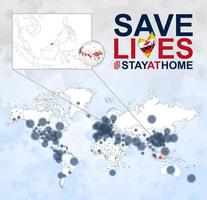 värld Karta med fall av coronavirus fokus på brunei, covid-19 sjukdom i brunei. slogan spara liv med flagga av brunei. vektor