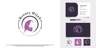 Hijab-Frauen-Logo-Design mit kreativem Konzept und Visitenkartenstempel vektor