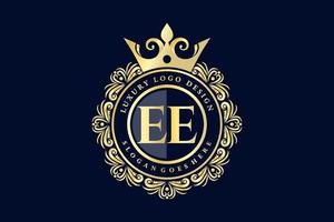 ee första brev guld calligraphic feminin blommig hand dragen heraldisk monogram antik årgång stil lyx logotyp design premie vektor