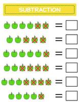 Subtraktion. Mathe-Arbeitsblatt für Kinder. Entwicklung von Rechenfähigkeiten. Beispiele lösen und schreiben. Mathematik. vektorillustration.pädagogik mathe kinderspiel. Abzug für Kinder.. vektor