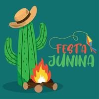 kaktus mit hut und lagerfeuer festa junina poster vektorillustration vektor