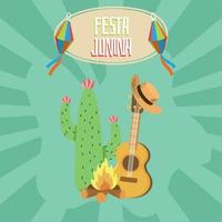 färgad randig affisch med kaktus lägereld och gitarr festa junina vektor illustration