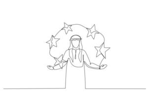 Zeichnung der Fünf-Sterne-Leistungsbewertung durch einen arabischen Geschäftsmann. Metapher für Feedback und Kommentare. einzeiliger Kunststil vektor