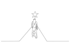 Zeichnung eines arabischen Geschäftsmannes geht auf der grenzenlosen Straße zum hellen Stern. Einzeiliger Kunststil vektor