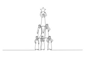 illustration der teamarbeit arabische geschäftsmannpyramide, um stern zu erreichen. fortlaufende Strichzeichnungen vektor