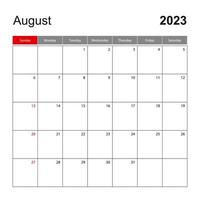Wandkalendervorlage für August 2023. Feiertags- und Veranstaltungsplaner, Woche beginnt am Sonntag. vektor