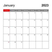 Wandkalendervorlage für Januar 2023. Feiertags- und Veranstaltungsplaner, Woche beginnt am Sonntag. vektor