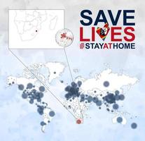 värld Karta med fall av coronavirus fokus på swaziland, covid-19 sjukdom i swaziland. slogan spara liv med flagga av swaziland. vektor