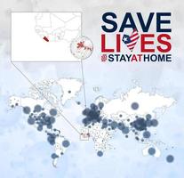 weltkarte mit fällen von coronavirus konzentrieren sich auf liberia, covid-19-krankheit in liberia. Slogan Leben retten mit Flagge von Liberia. vektor