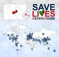 Weltkarte mit Coronavirus-Fällen konzentriert sich auf Sambia, Covid-19-Krankheit in Sambia. Slogan Leben retten mit Flagge von Sambia. vektor