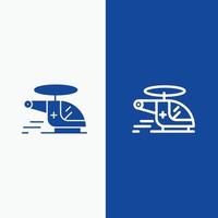 Helikopter, Hubschrauber, medizinische Krankenwagen, Luftlinie und Glyphe, solides Symbol, blaue Bannerlinie und Glyphe, solide vektor