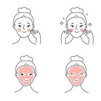skönhet flicka ta vård av henne ansikte och använda sig av rensning Produkter för hud. hudvård förfaranden. ansiktsbehandling rengöring, fuktgivande och göra upp avlägsnande koncept.uppsättning av linjär och platt vektor illustration.