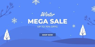 Winter Mega Sale Angebot Rabattaktion mit blauem Hintergrund und Schneeflockendekoration vektor