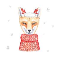 Fuchs in einem roten Strickpullover. aquarellillustration vektor