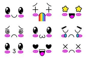 Set von niedlichen, schönen kawaii Emoticons. Doodle-Cartoon-Gesicht im kindlichen Manga-Cartoon-Stil. vektor