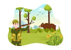 jäger mit jagdgewehr oder waffe, die auf vögel oder tiere im wald auf flacher karikaturhandzeichnungsschablonenillustration schießt vektor