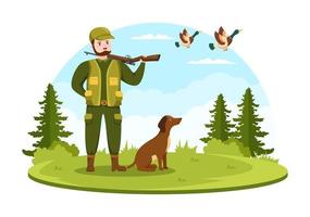 jäger mit jagdgewehr oder waffe, die auf vögel oder tiere im wald auf flacher karikaturhandzeichnungsschablonenillustration schießt vektor