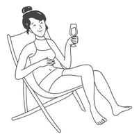 Konturillustrationsmädchen, das auf dem Strand mit einem Cocktail sich entspannt vektor