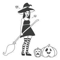 kontur illustration flicka i en häxa kostym för halloween vektor
