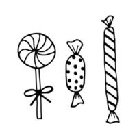 Gekritzelsüßigkeiten, einfache Süßigkeiten. handgezeichnete illustration mit schwarzem liner im linienkunststil. kreation von design für neujahr, winter, weihnachten vektor