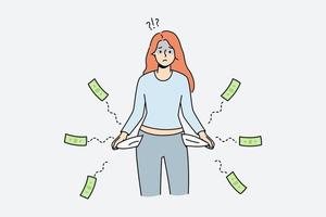 frustrierte junge frau mit leeren taschen leidet unter bankrott. unglücklicher trauriger weiblicher kampf mit schulden oder finanziellen problemen. Vektor-Illustration. vektor