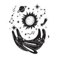 Zauberkaninchen mit Sternen, Sonne und Weltraum im skandinavischen Stil. minimalistischer mystischer Hase. vektor