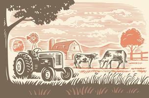 Landbauernhof mit Traktor und Kühen. Landschaftslinienskizze vektor
