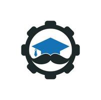 Schnurrbart Bildung Gear Shape Konzept Logo. Designvorlage für starkes Bildungslogo. Hut-Abschluss mit Schnurrbart-Icon-Design. vektor