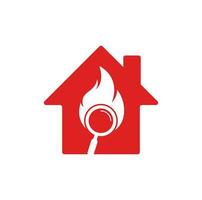 Brandsuche nach Hause Form Konzept Logo Template Design Vektor. Designvorlage für Feuer-Logo finden. Symbol für Feuer und Lupe vektor