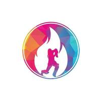 Feuer-Cricket-Spieler-Vektor-Logo-Design. Cricket Fire Gear Logo-Symbol. schlagmann, der cricket spielt, und feuerkombinationslogo. vektor