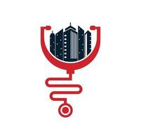 Vektor-Logo-Vorlage für medizinische Stadt. Stethoskop und Stadtvektor. Stadtmedizin-Logo vektor
