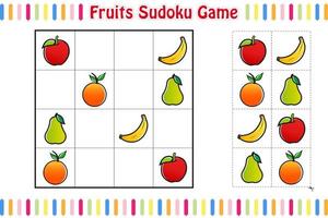 Obst-Sudoku-Spiel, druckbares Arbeitsblatt für Lernspiele für Kinder, isolierte Vektorgrafik. vektor