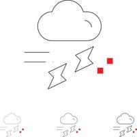 Wolkenregen Niederschlag regnerischer Donner fetter und dünner schwarzer Liniensymbolsatz vektor