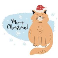 fette traurige katze in weihnachtsmütze. frohe weihnachten grußkarte. vektorillustration mit nettem haustier vektor