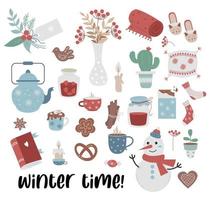 gemütliche Winterzeit. sammlung von winterkomfortartikeln kissen, plaid, buch und schneemann, marmelade und weihnachtsgeschenkanhänger. Vektor-Illustration. isolierte farbige elemente im flachen stil für design und dekor. vektor