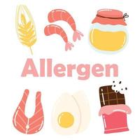 Nahrungsmittelallergene. Sammlung von Allergenprodukten. Vektor-Illustration. Allergie. gezeichneter Stil. Allergen Fisch, Ei, Honig, Gluten. vektor