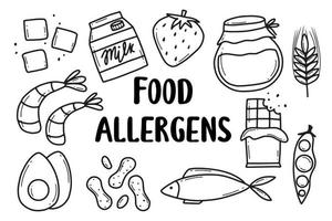 mat allergener. allergen Produkter samling. vektor illustration. allergi. klotter stil. allergen fisk, ägg, honung, gluten, mjölk.