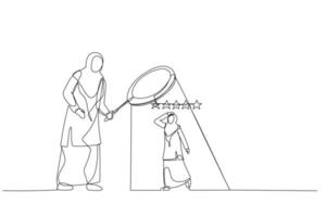 karikatur einer muslimischen managerin verwendet eine lupe, um einen mitarbeiter mit einer bewertung von 5 sternen zu analysieren. Metapher für die Mitarbeiterleistungsbewertung. Kunst im Stil einer Linie vektor