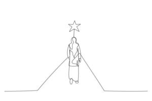Zeichnung einer muslimischen Frau geht auf der grenzenlosen Straße zum hellen Stern. ein Kunststil mit durchgehender Linie vektor