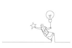 karikatur einer muslimischen frau, die mit einer glühbirnenidee fliegt, um einen stern am himmel zu fangen. Metapher für Innovation. Einzeiliger Kunststil vektor