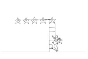 karikatur einer muslimischen frau, die den 5. stern hält, klettert die leiter hinauf, um die beste bewertung zu erzielen. konzept des kundenfeedbacks. Einzeiliger Kunststil vektor