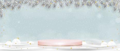 jul bakgrund med vinter- scen, 3d visa rosa podium med jul dekoration, vektor monter stå med snöar på blå himmel vägg bakgrund, lyx design för ny år 2023