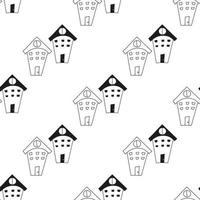klotter mönster med hus i svart och vit. sömlös hand dragen bakgrund för ungar, tyg, grafik vektor