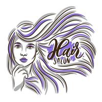 Porträt, Mädchen mit langen Haaren, Friseursalon, handschriftliche Inschrift für Schönheitssalon vektor