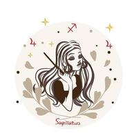 sagittarius flicka med magi trollstav, tecknad serie stil, zodiaken tecken, dekoration vektor