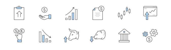 Aktienmarkt-Doodle-Symbole, isolierter Vektorsatz vektor