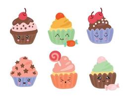 leckere Cupcakes im Kawaii-Stil. Dessert-Vektor-Illustration-Design. vektor